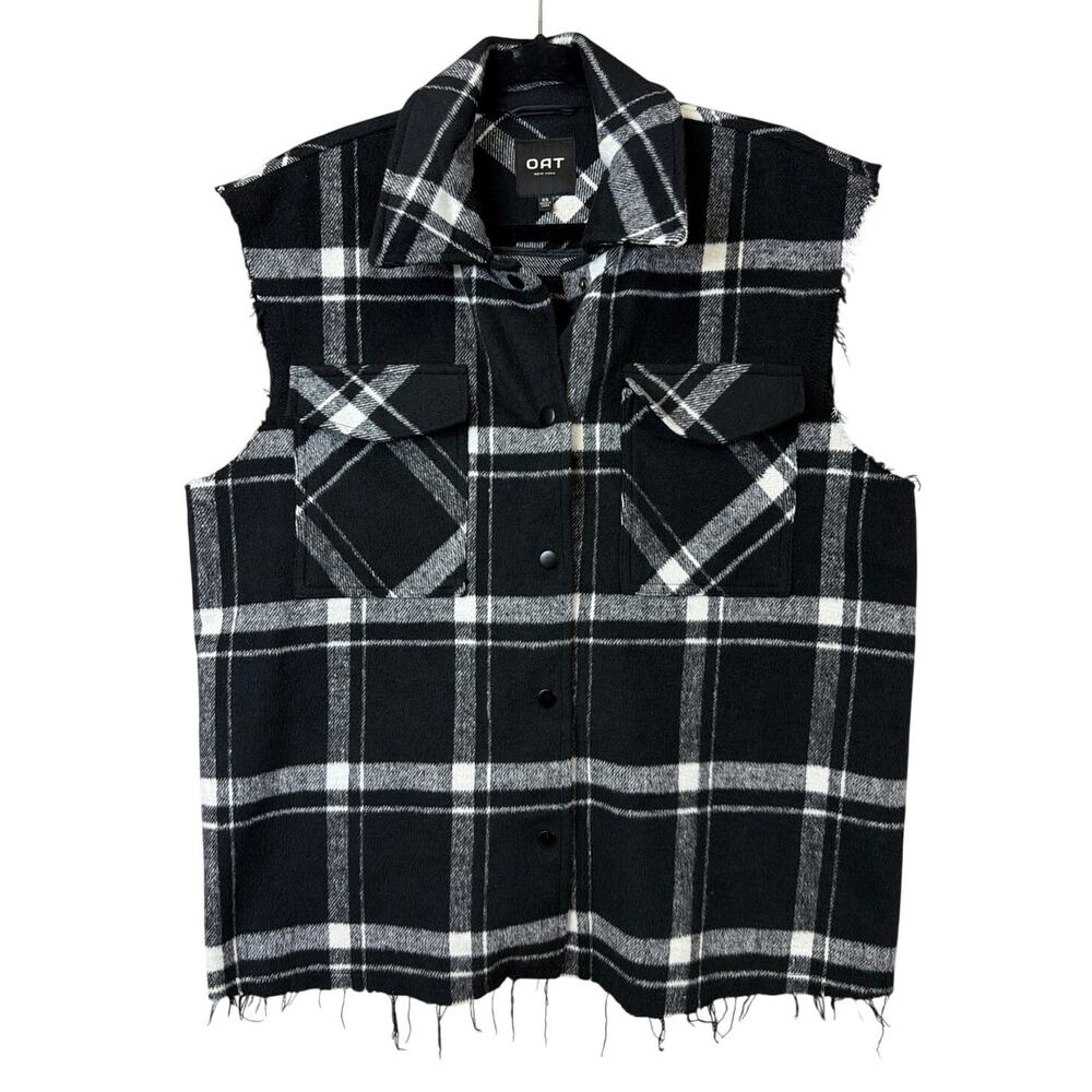 Oat Black White Plaid Snap Up Distressed Vest Size XS